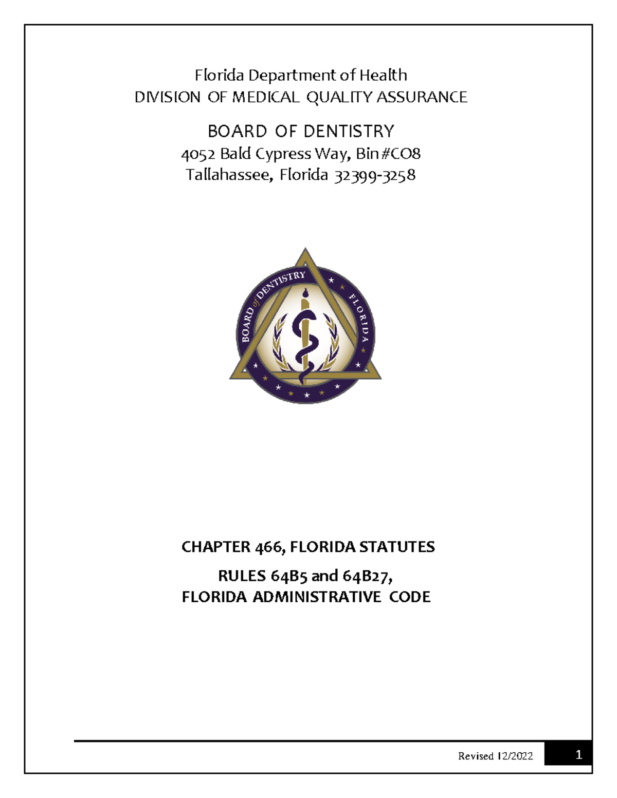 Laws And Rules Dentistry - Florida Department Of Health DIVISION OF ...