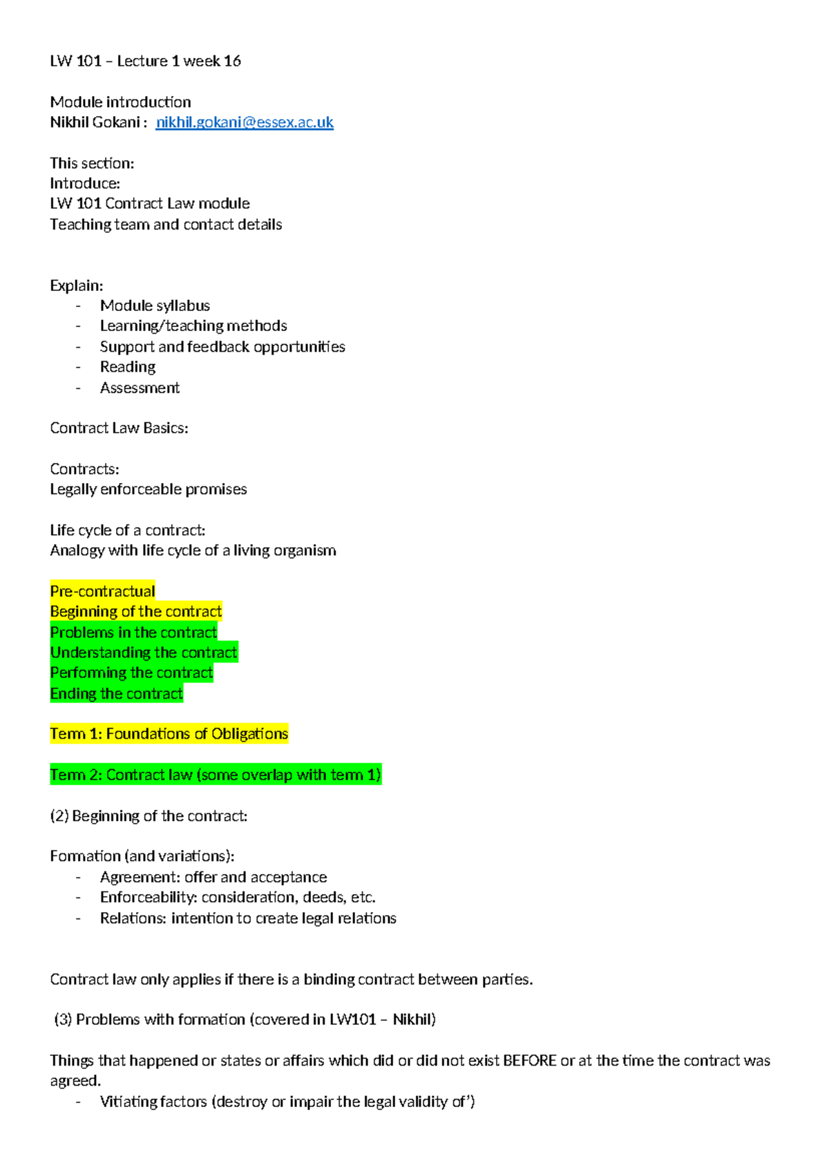 LW 101 - L1 - Contract law notes for the 1st lecture - LW 101 – Lecture ...