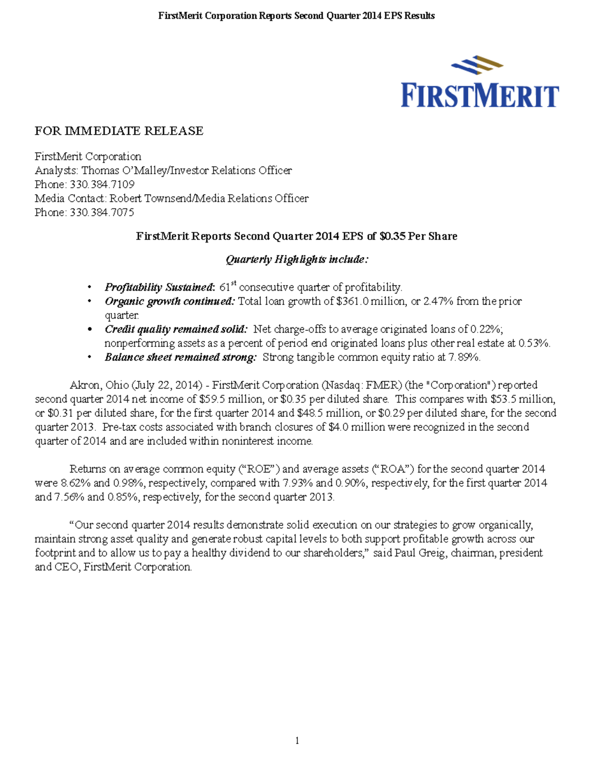FOR Immediate Release - FOR IMMEDIATE RELEASE FirstMerit Corporation ...