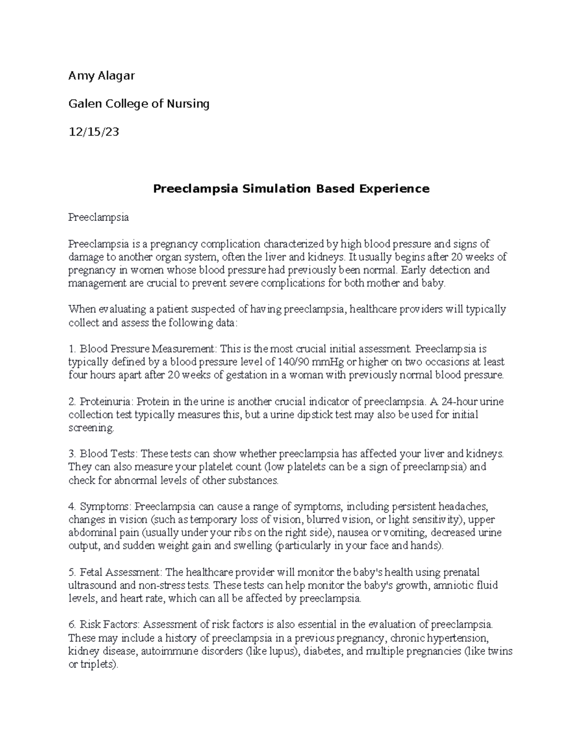 Preeclampsia SIM LAB Prep Work Amy Alagar Galen College of Nursing 12