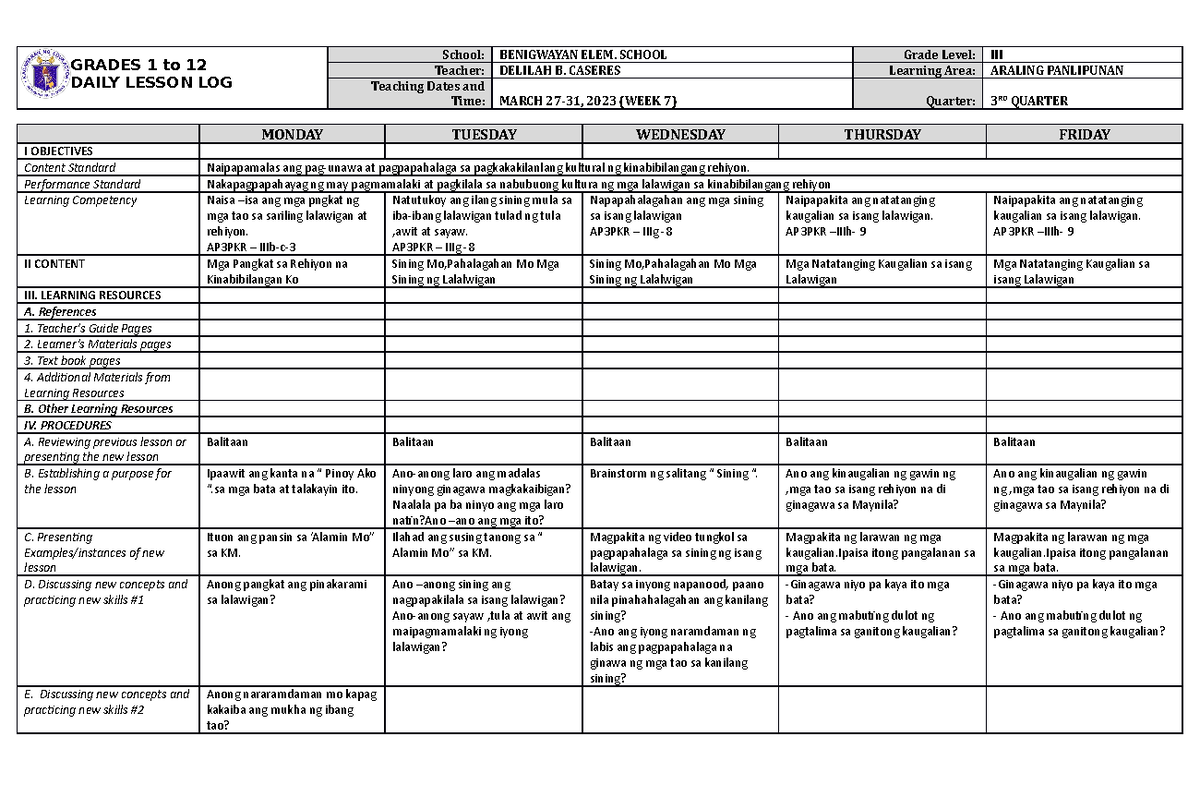 DLL Araling Panlipunan 3 Q3 W7 - GRADES 1 to 12 DAILY LESSON LOG School ...