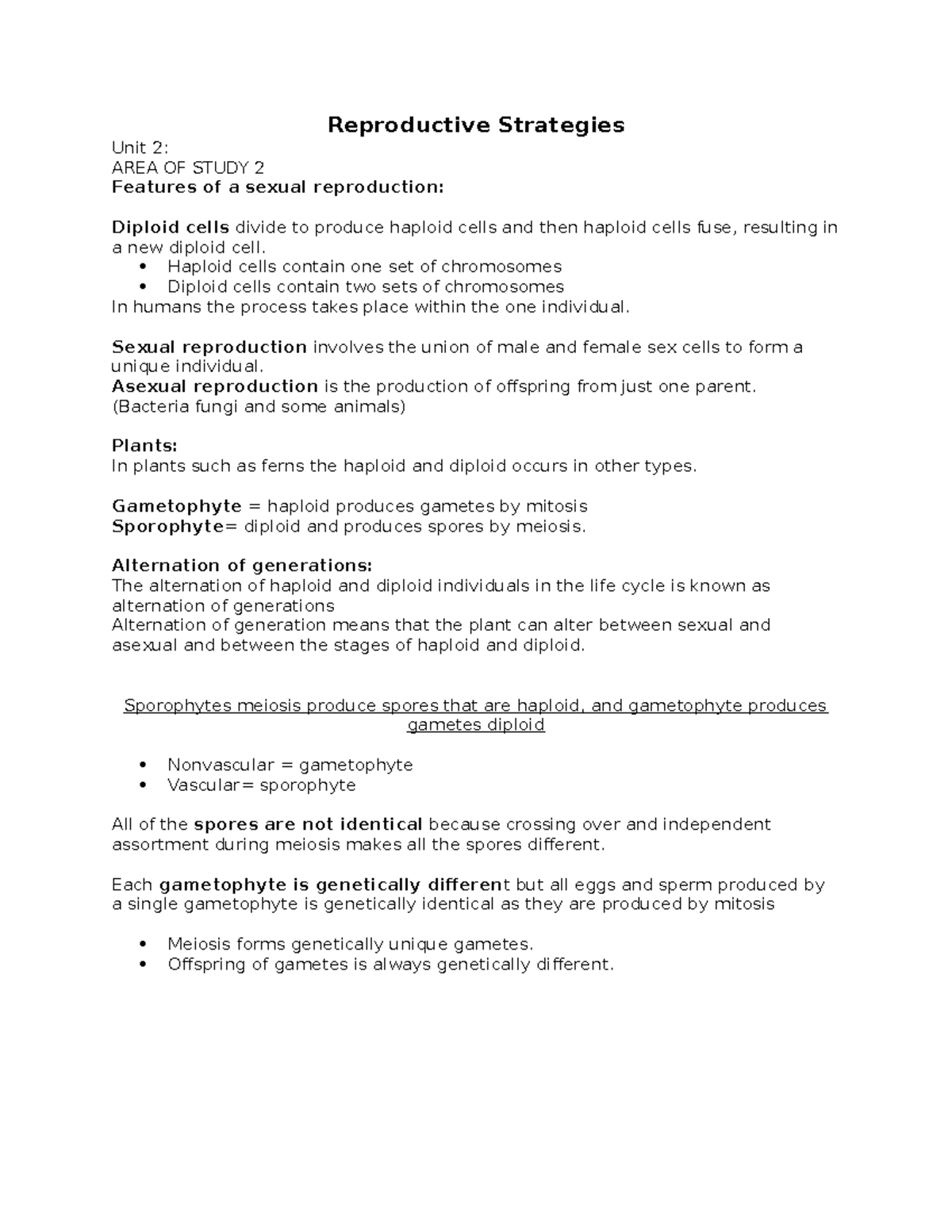 Notes for AOS 2 - Reproductive Strategies Unit 2: AREA OF STUDY 2 ...