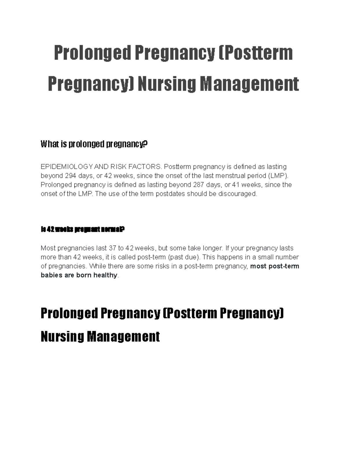Prolonged Pregnancy (Postterm Pregnancy) Nursing Management Postterm