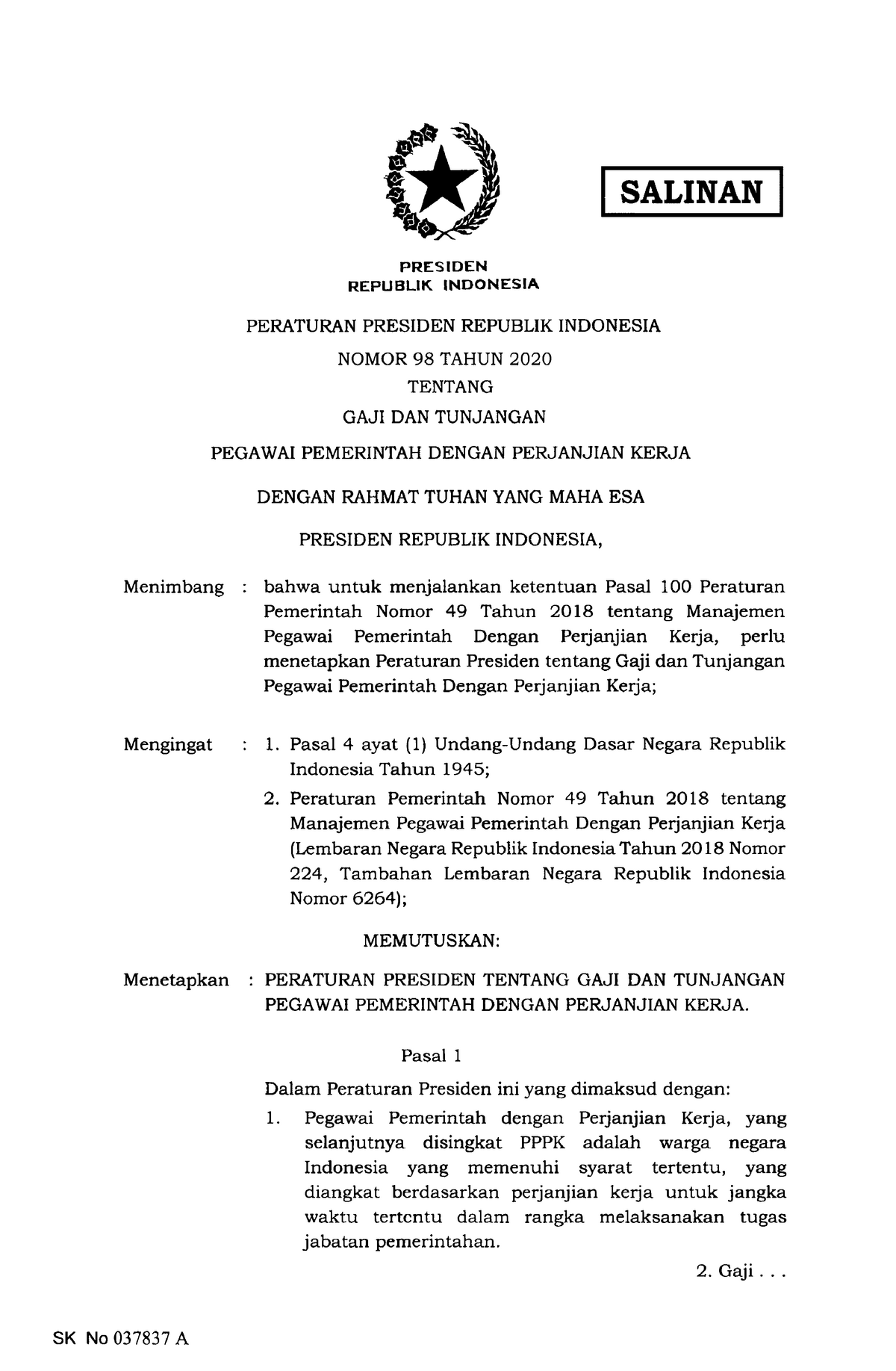 Perpres Nomor 98 Tahun 2020 - SALINAN PRESIDEN REPUBLIK INDONESIA ...