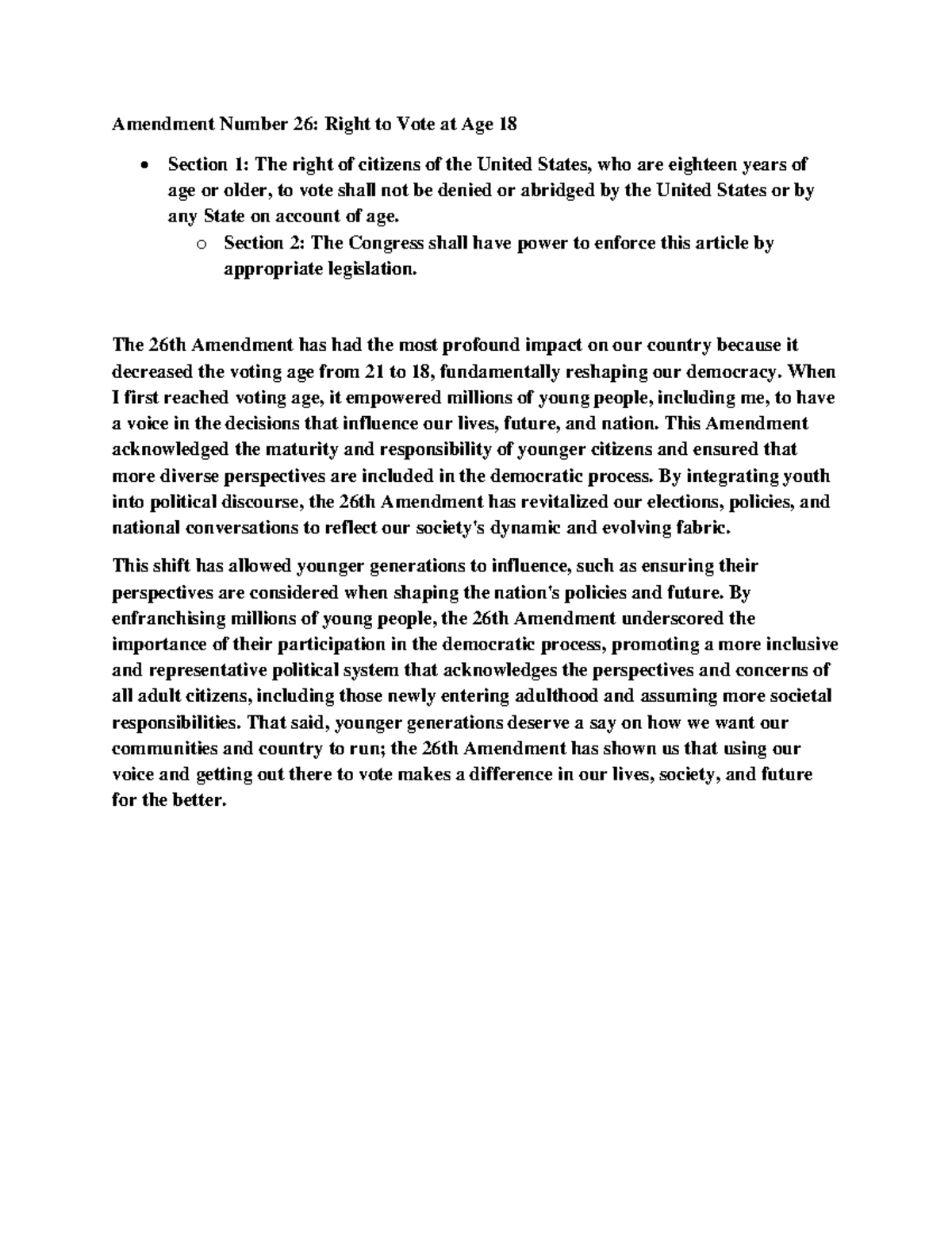 Amendments - got an a - Amendment Number 26: Right to Vote at Age 18 ...