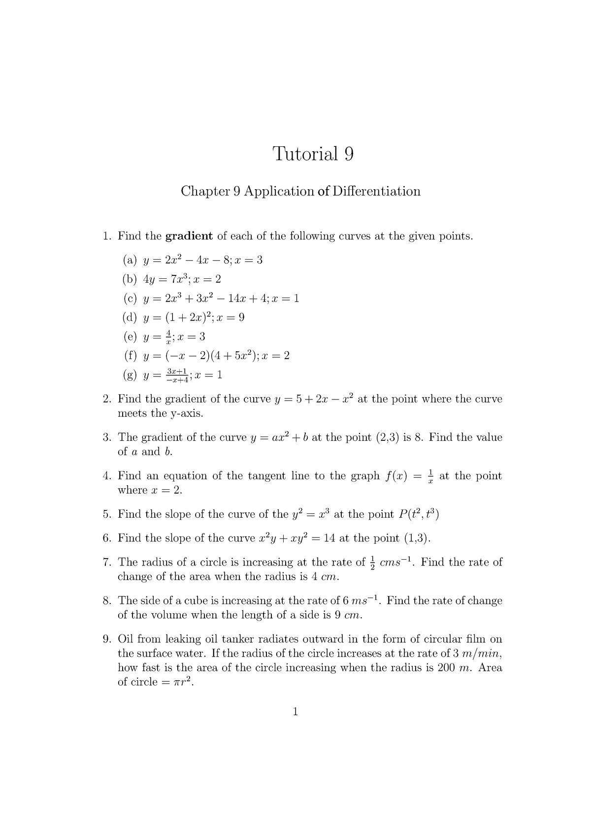 Tutorial 9 - Application of Differentiation - Tutorial 9 Chapter 9 ...