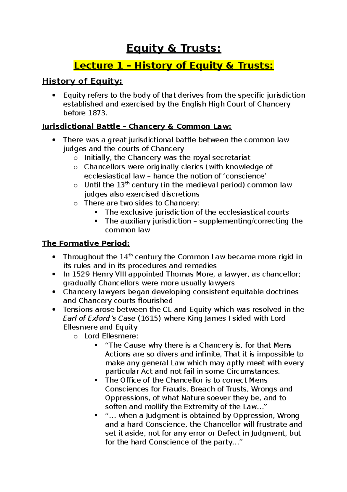 Equity and Trust Notes - Lec 1-2 - Equity & Trusts: Lecture 1 – History ...