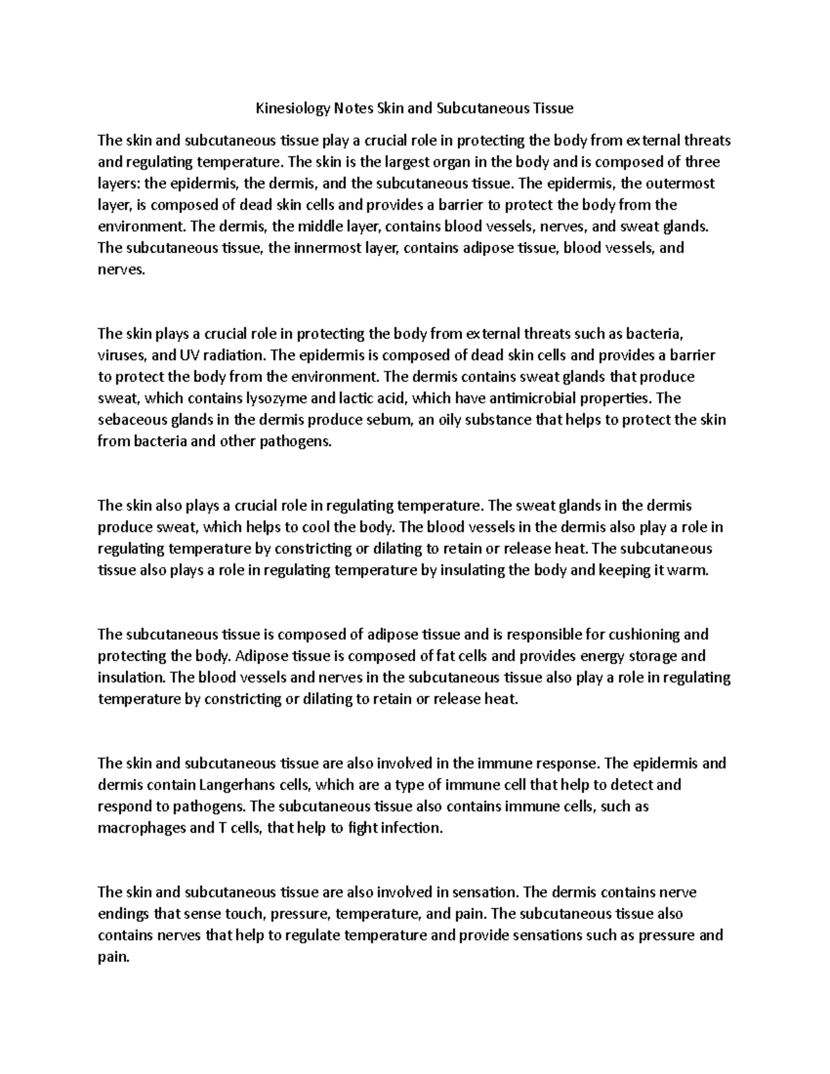Kinesiology Notes: Skin and Subcutaneous Tissue - Studocu