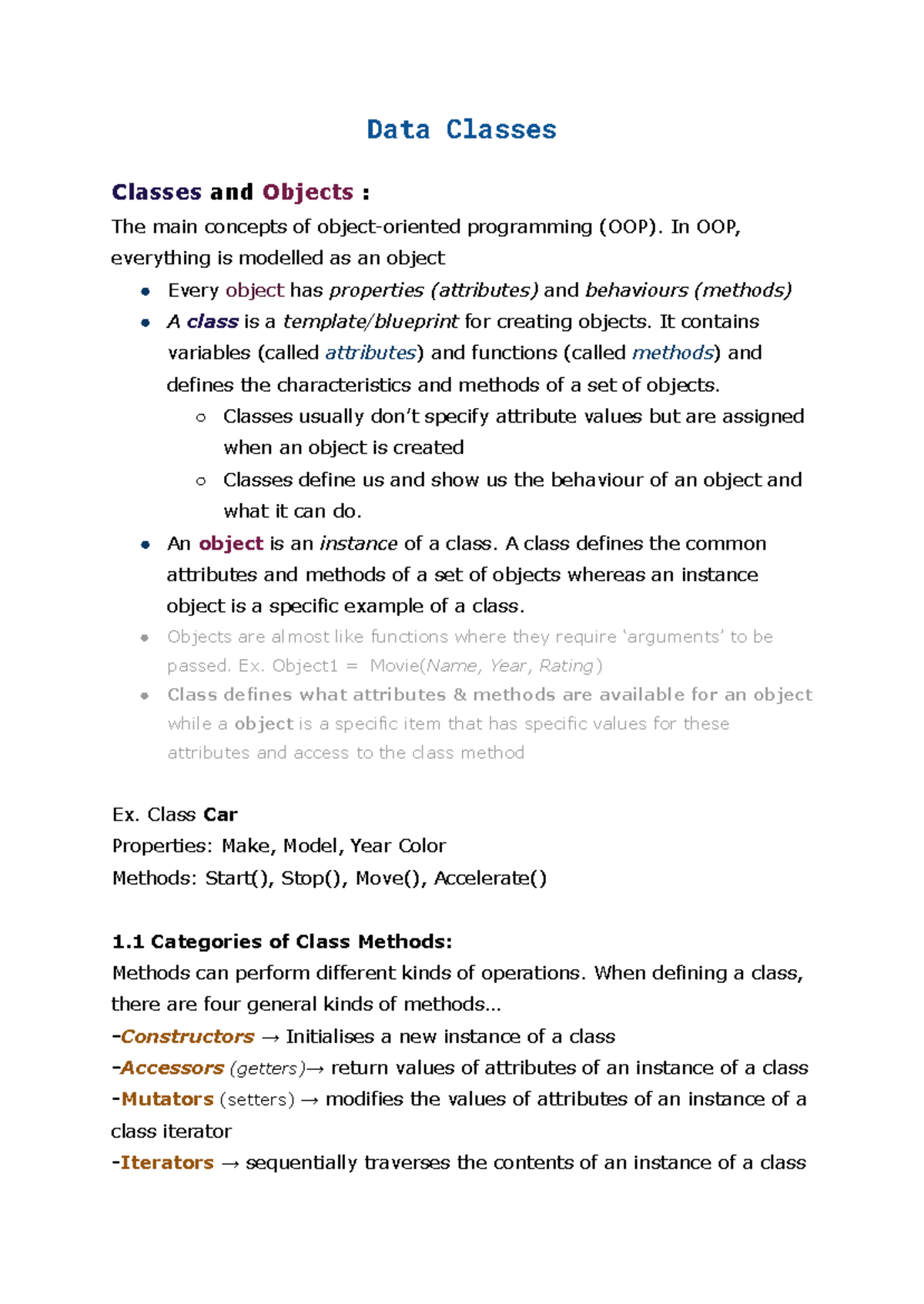Dataclasses Cp164 Lesson 1 Notes - Data Classes Classes and Objects ...