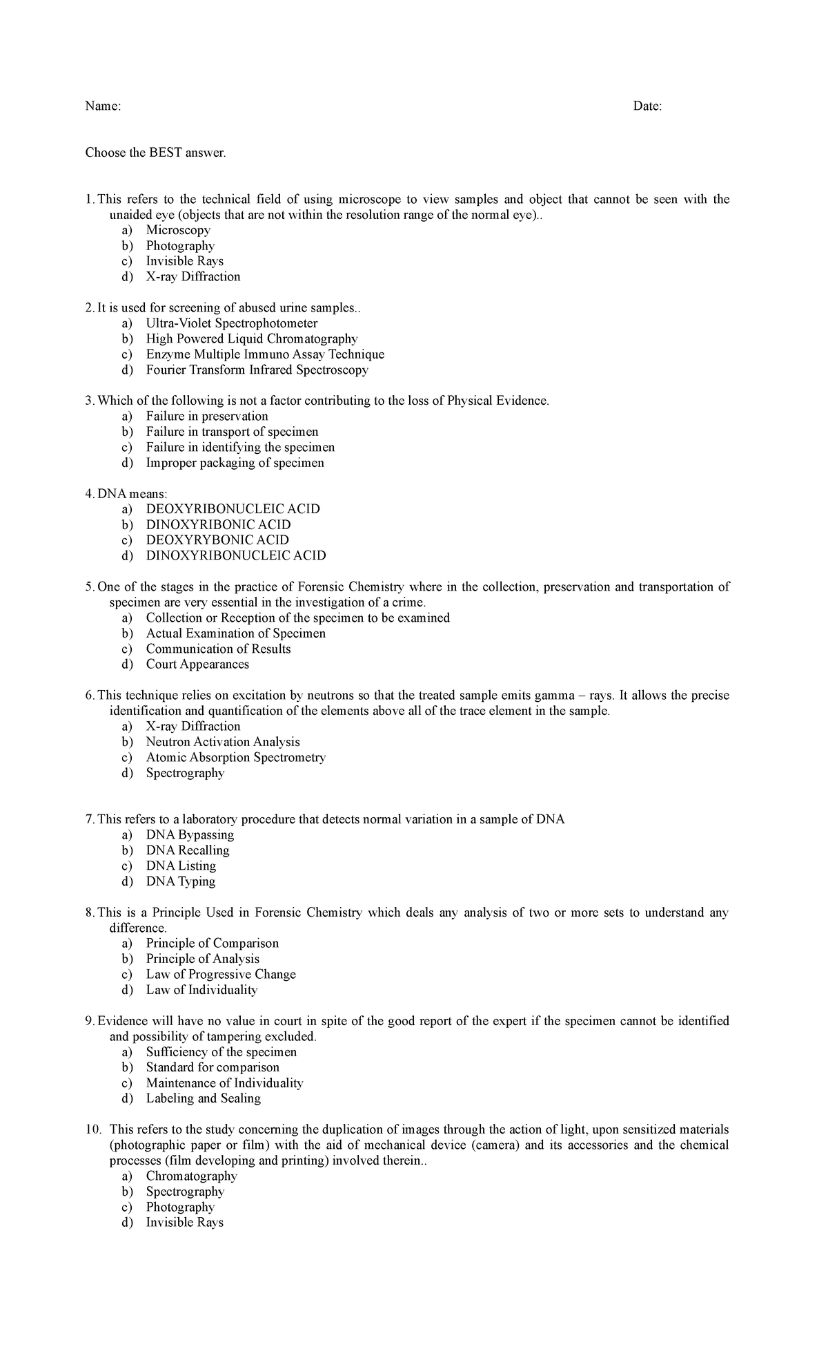 Quiz 2 lea board exam reviewer with answer Name Date Choose the