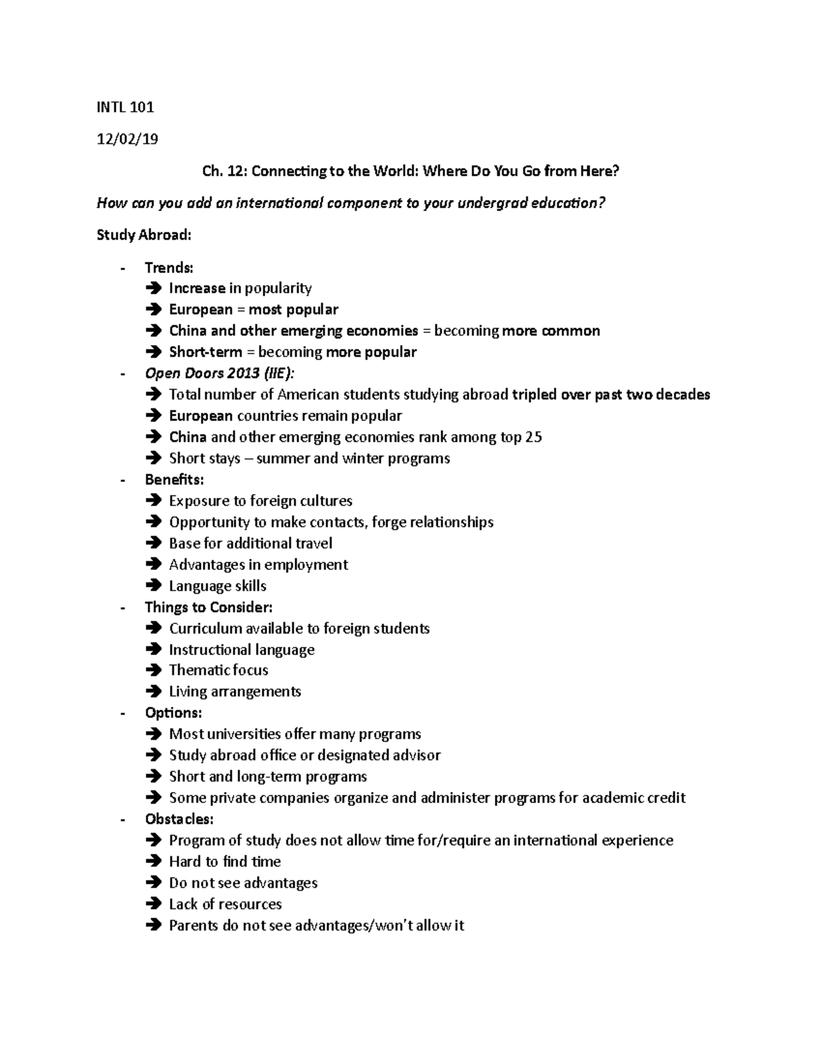 INTL 101 CH 12 - Lecture notes 12 - INTL 101 12/02/ Ch. 12: Connecting ...