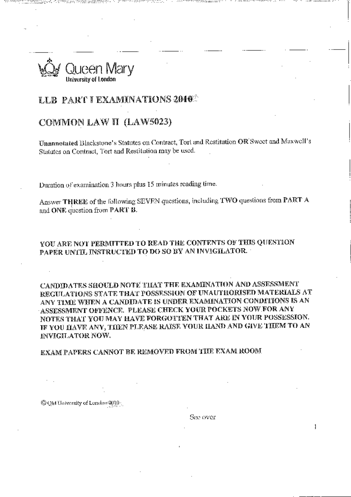 2010 LAW5023 Common Law II (Tort) exam paper - LAW5001 - Studocu
