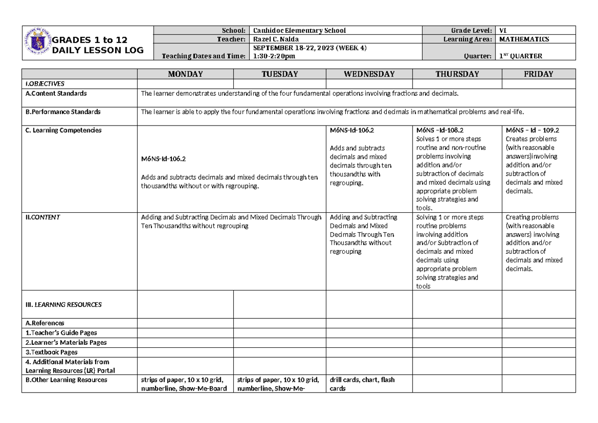 DLL Mathematics 6 Q1 W4 - DLL - GRADES 1 To 12 DAILY LESSON LOG School ...