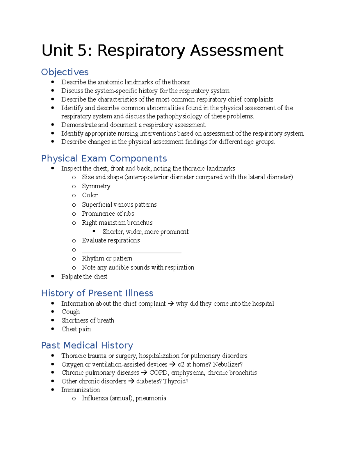 Unit 5 Notes Respiratory Assessment Unit 5 Respiratory Assessment