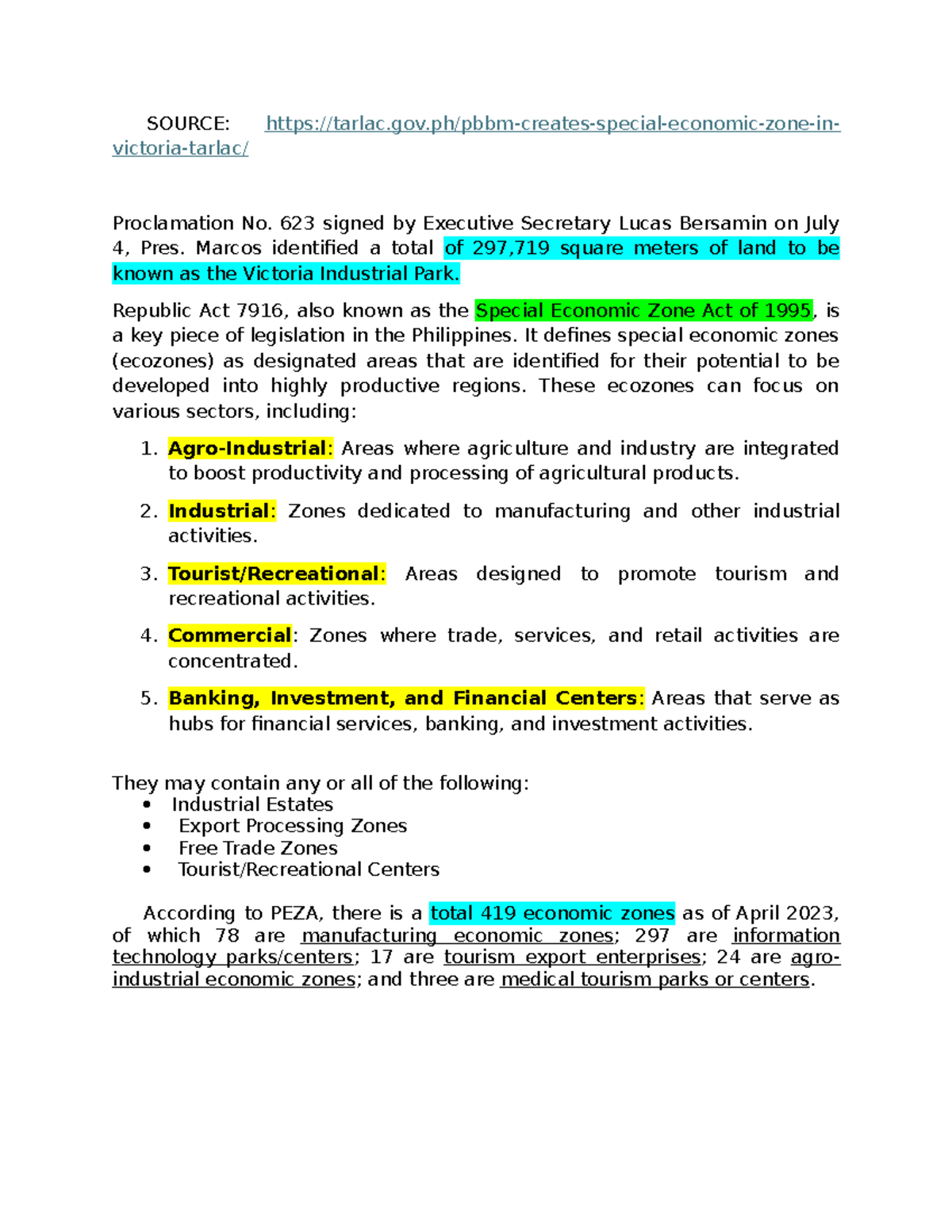 Source - Summary - SOURCE: tarlac.gov/pbbm-creates-special-economic ...