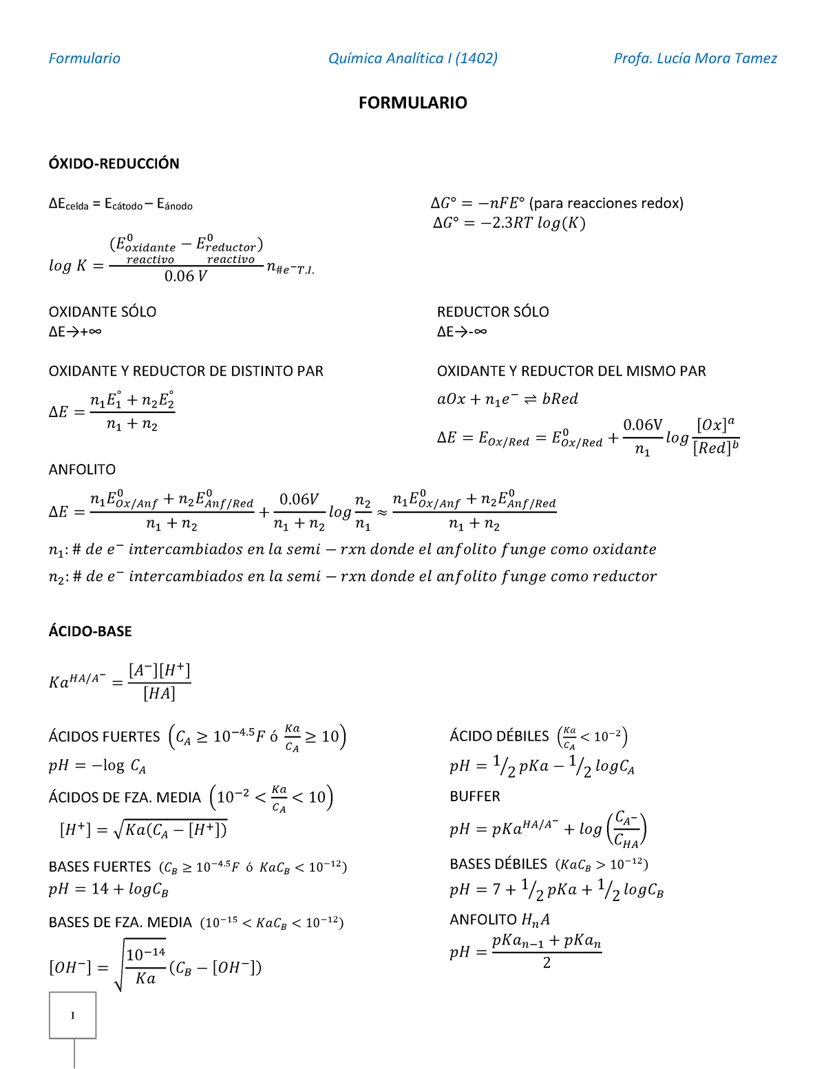 Formulario Analitica Formulario Qu Mica Anal Tica I Profa Luc A Mora Tamez