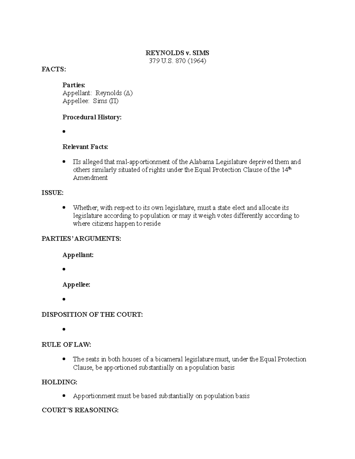 Reynolds v. Sims Lecture notes 1718 REYNOLDS v. SIMS 379 U. 870