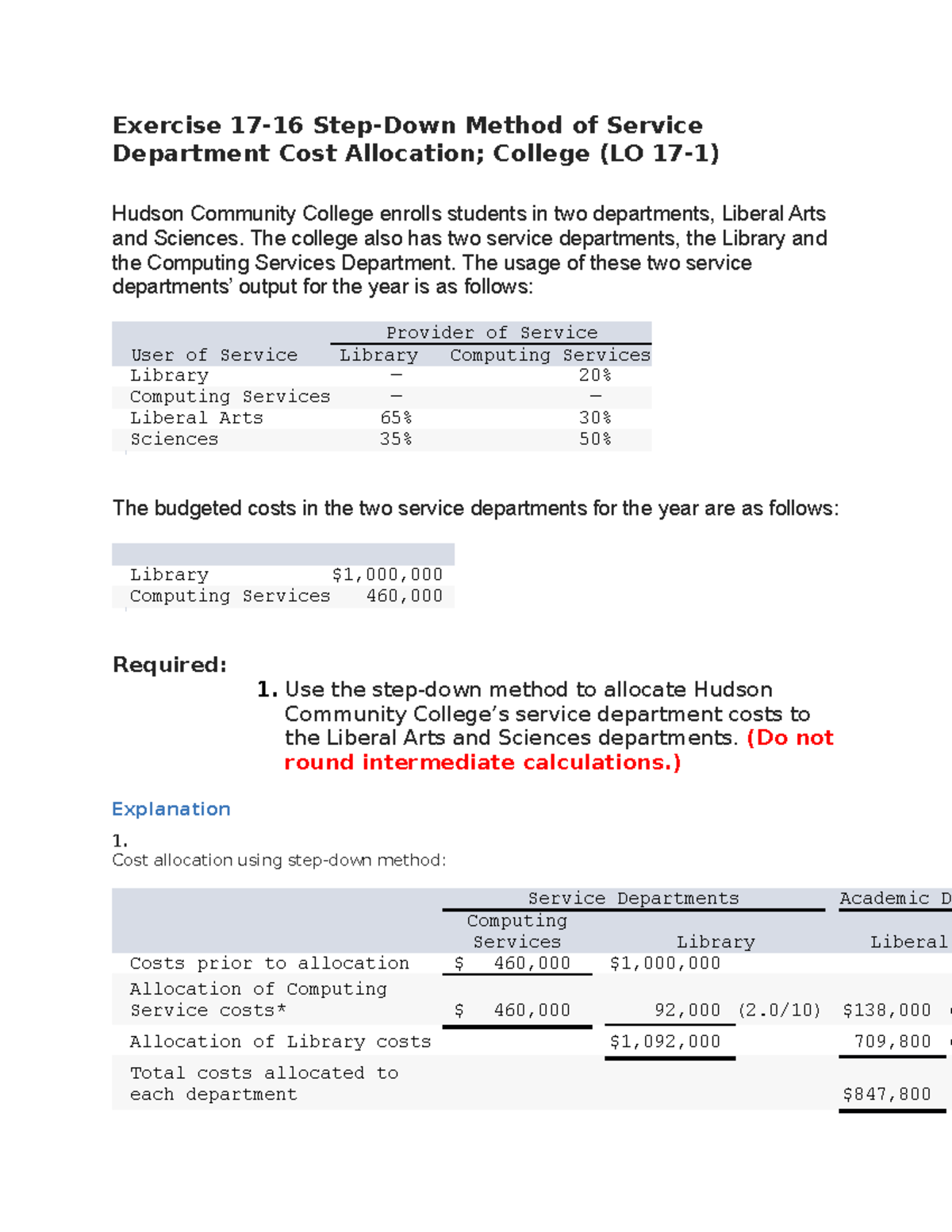 Management accounting week 6 solution - Exercise 17-16 Step-Down Method ...