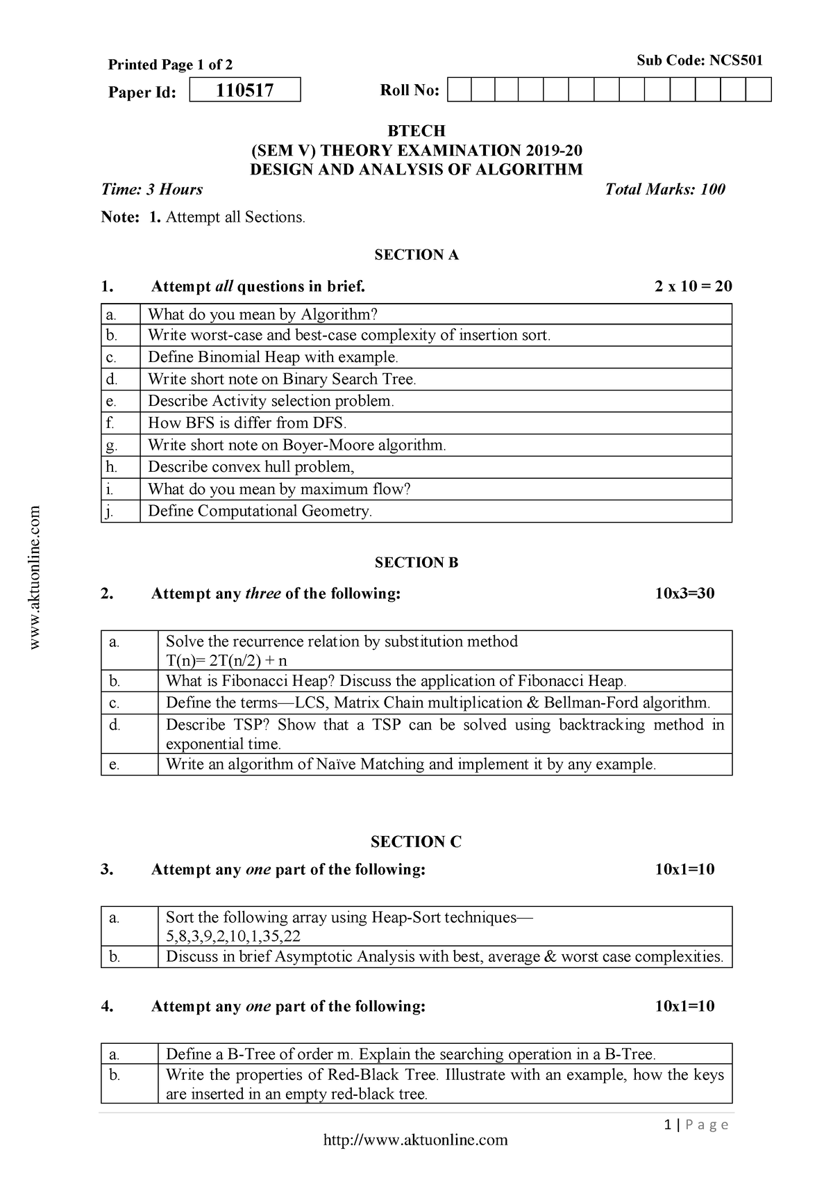 Btech Cs 5 Sem Design And Analysis Of Algorithm Ncs501 2020 - Printed ...