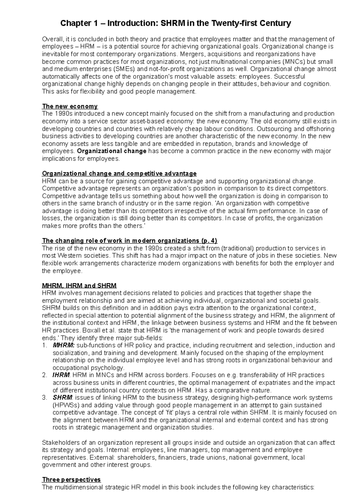 Strategic Human Resource Management - Chapter 1 Summary (Paul Boselie ...