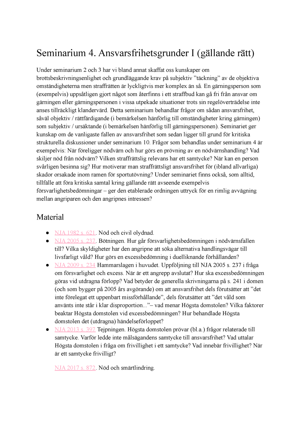 Seminarium 4. Om Ansvarsfrihetsgrunder I I Straffrätt - Seminarium 4 ...