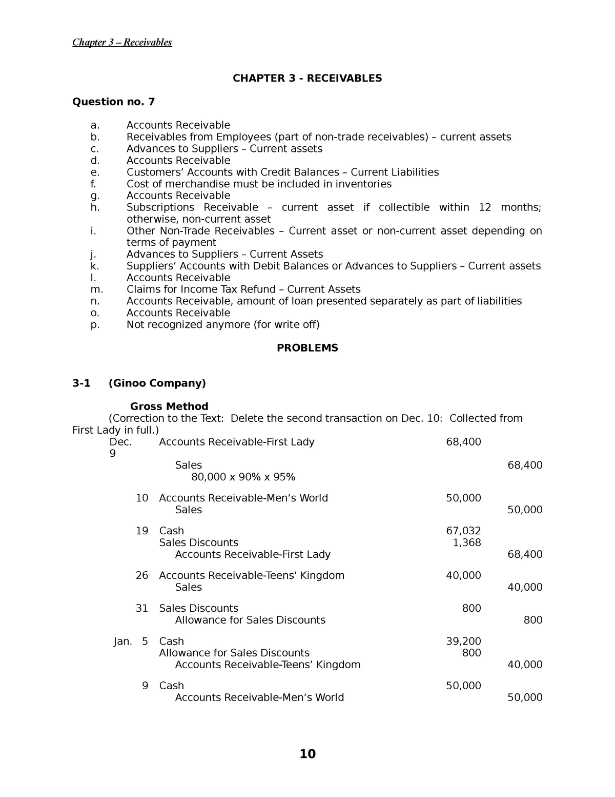 Chapter 3 - Receivables - CHAPTER 3 - RECEIVABLES Question No. 7 A ...