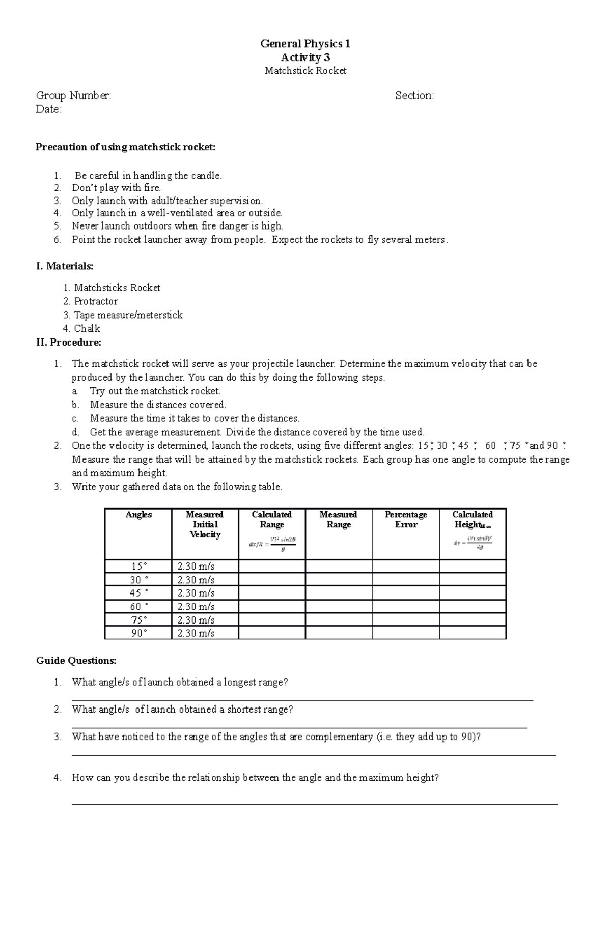 Projectile Motion Activity Sheet for COT 1 2022 2023 - General Physics ...