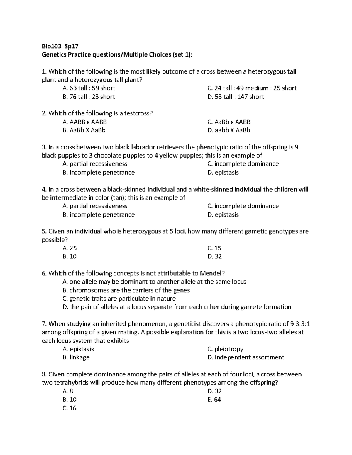 practice question set 1 Bio103 Sp Practice