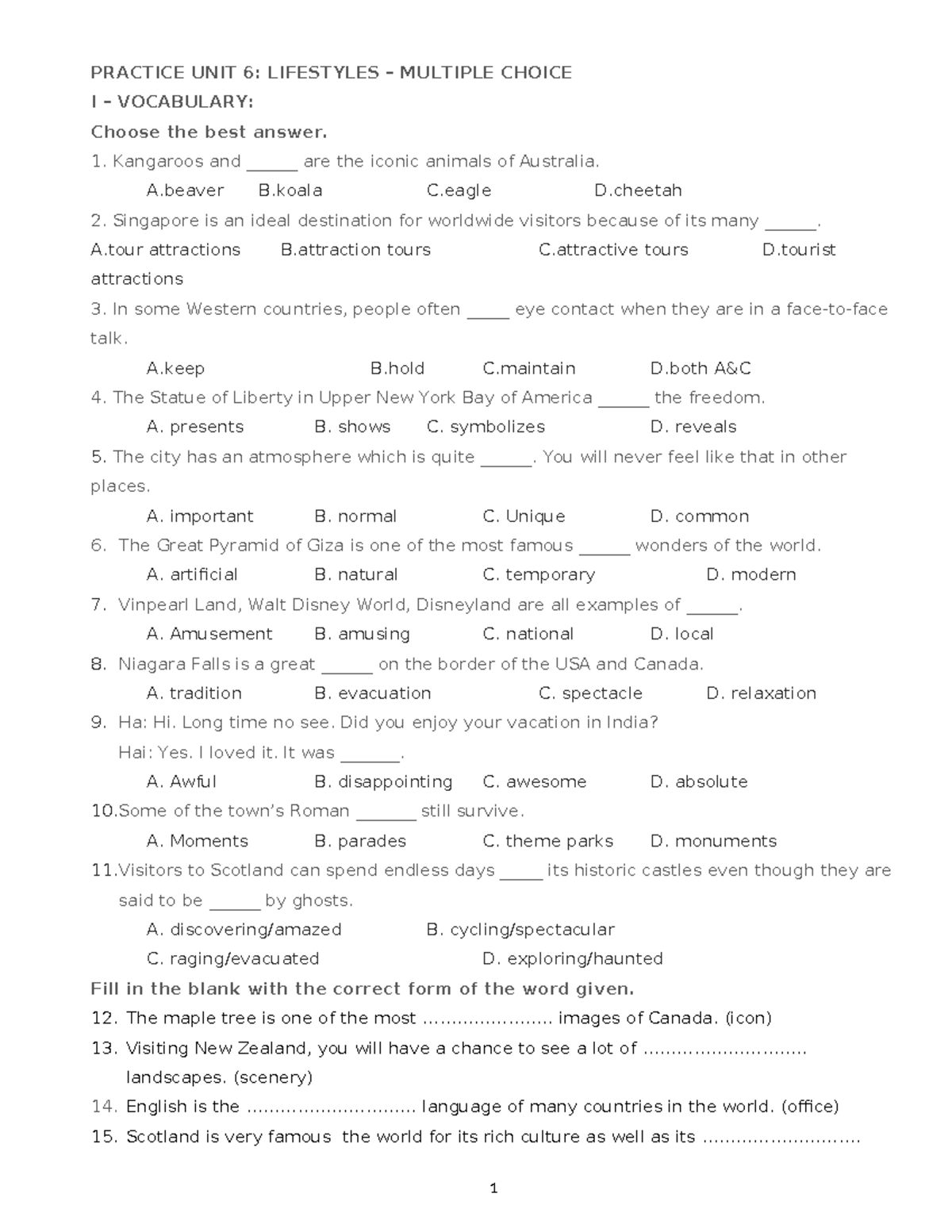 Practice unit 6 - trắc nghiệm từ vựng ngữ pháp - PRACTICE UNIT 6 ...
