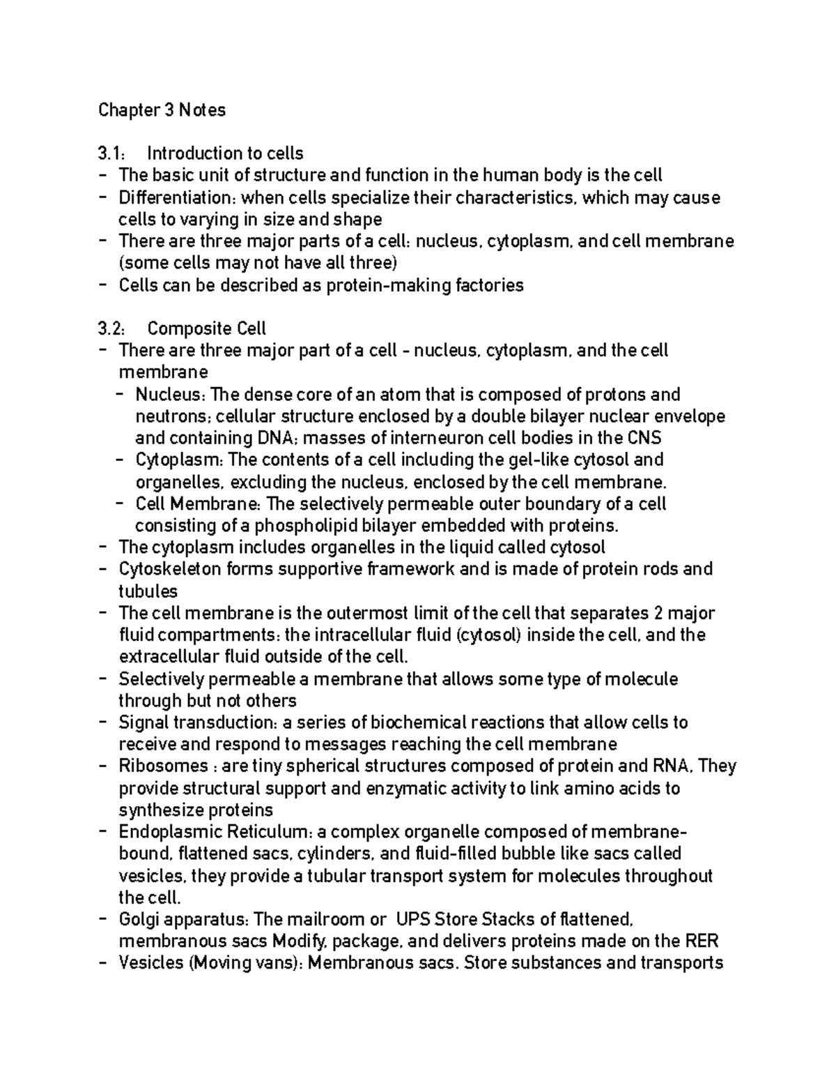 BIO 2006 - Chapter 3 notes - Chapter 3 Notes 3: Introduction to cells ...