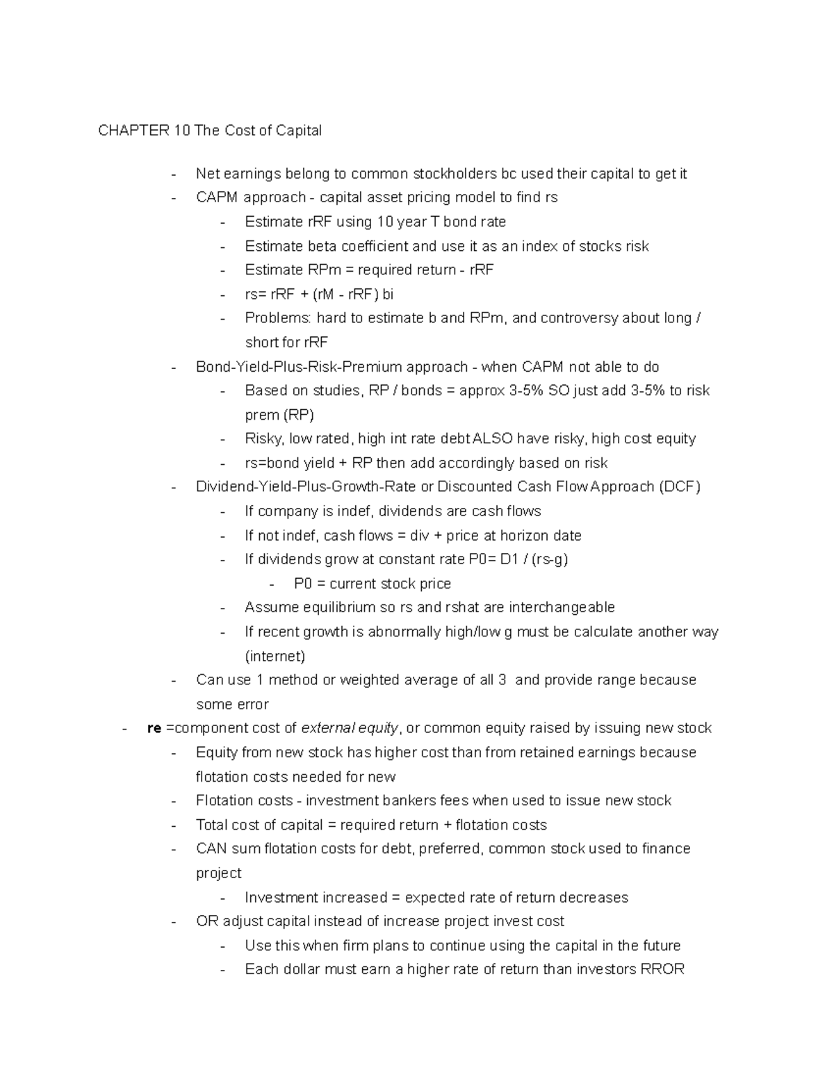 FIN 221 Chapter 10 Notes - CHAPTER 10 The Cost of Capital Net earnings ...