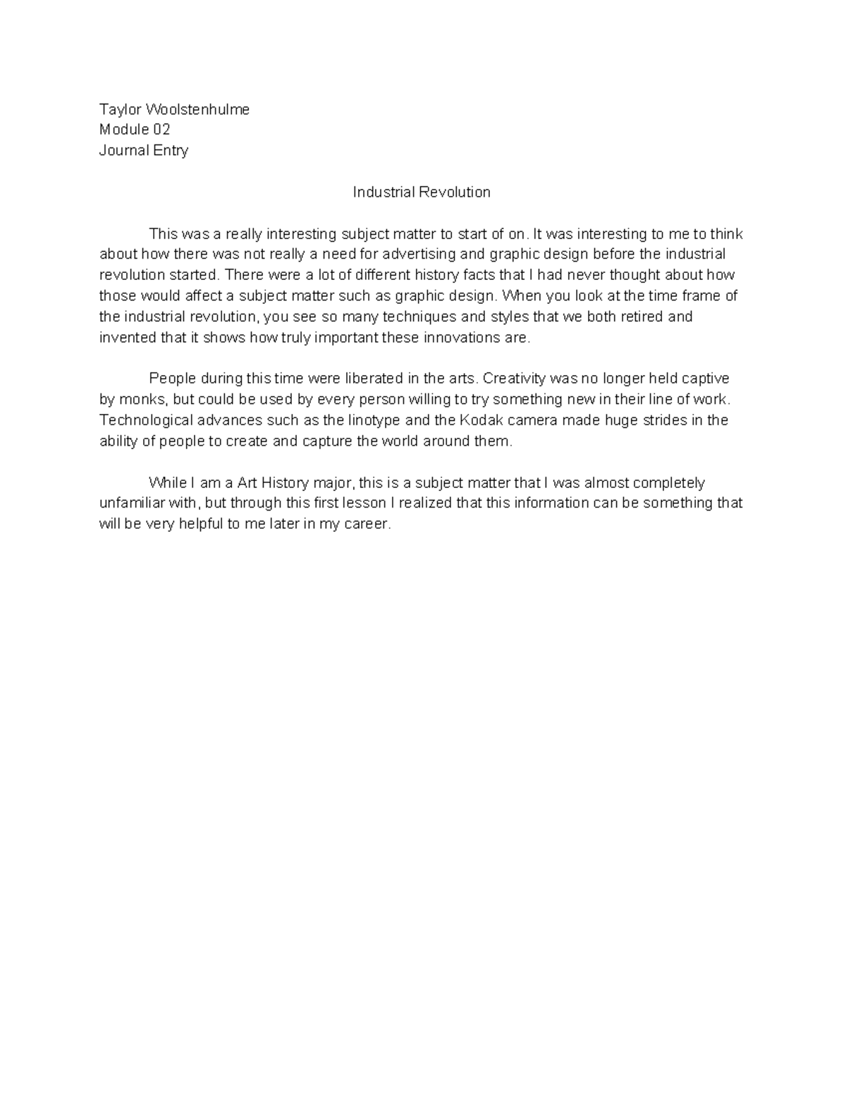 Module 02 Journal Entry Taylor Woolstenhulme Module 02 Journal Entry Industrial Revolution