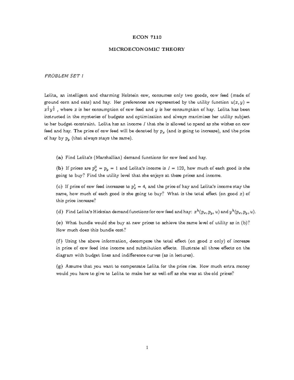 Problem Set 1 ECON 7110 - ECON 7110 MICROECONOMIC THEORY PROBLEM SET 1 ...