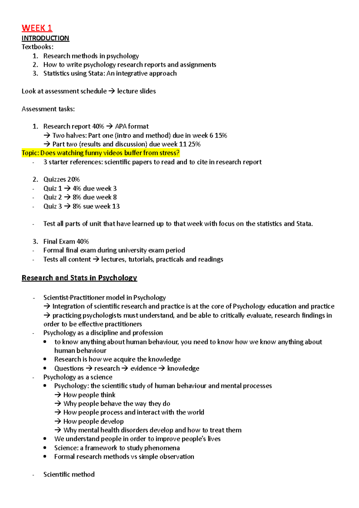 Psych - Stats Lectures - Lect - WEEK 1 INTRODUCTION Textbooks: 1 ...