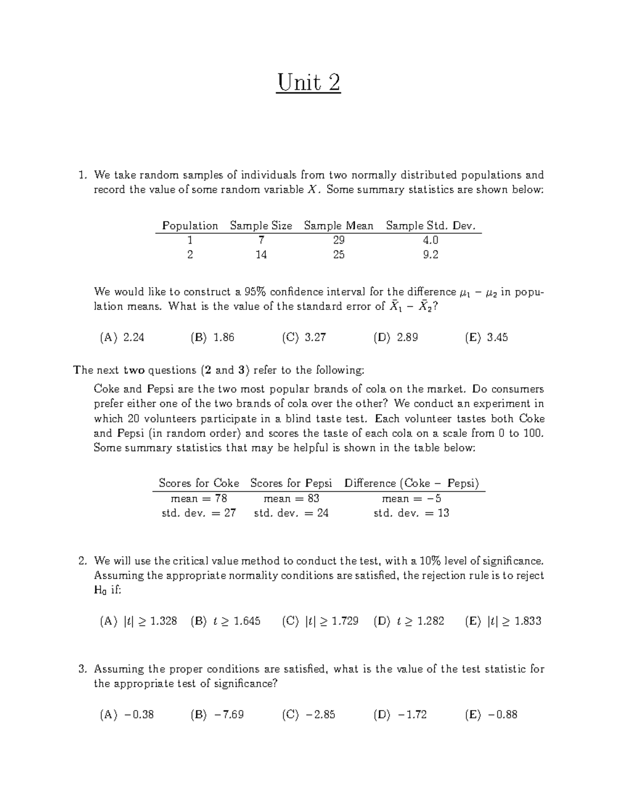 Unit 2 - practice - Unit 2 We take random samples of individuals from ...
