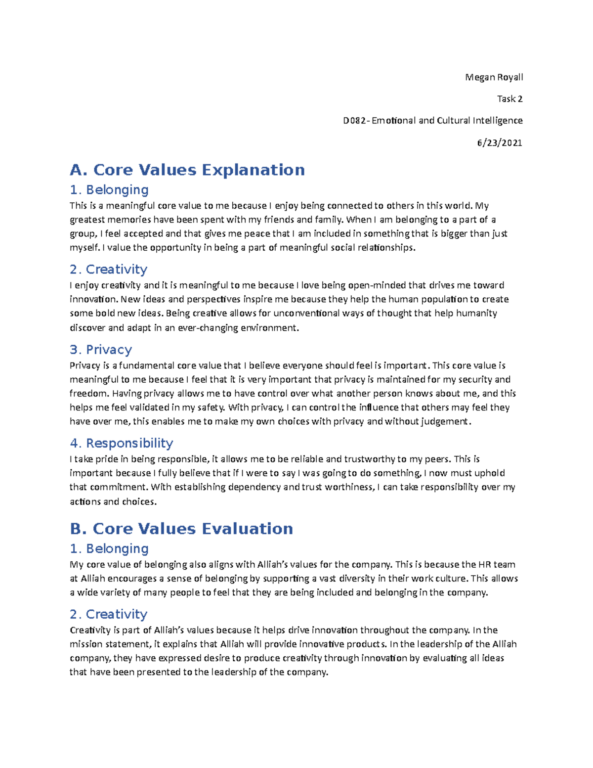 D082 - Emotional And Cultural Intelligence Task 1 - Megan Royall Task 2 ...