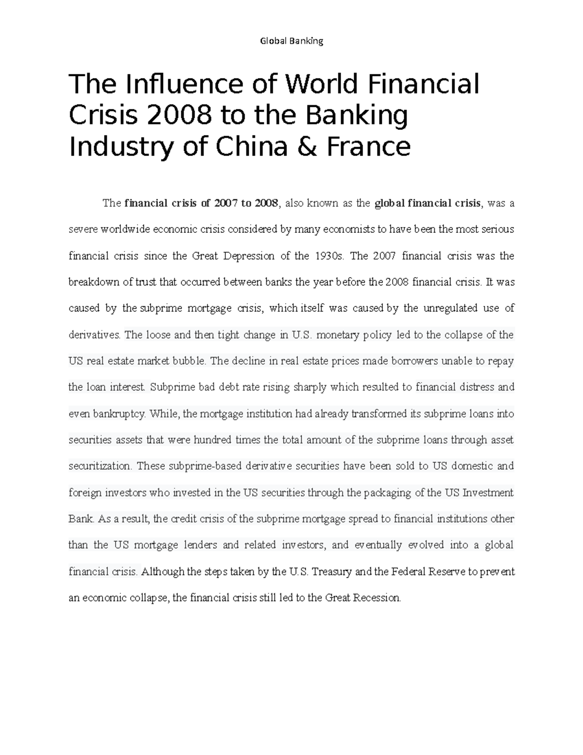 The Influence of World Financial Crisis 2008 to the Banking Industry of ...