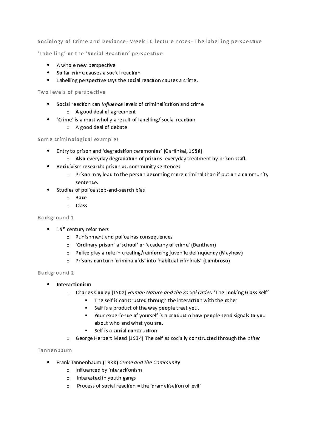 Sociology Of Crime And Deviance Lecture Notes- Week 10-labelling - Soc 