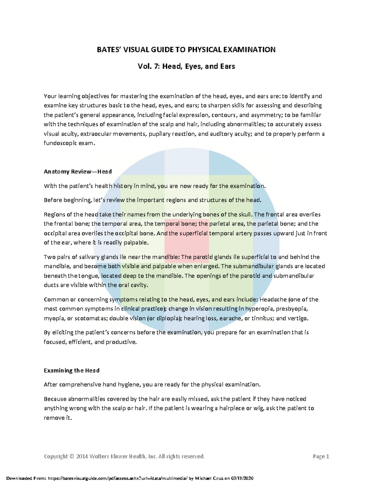 Bates head eyes ears - Copyright © 2014 Wolters Kluwer Health, Inc. All ...
