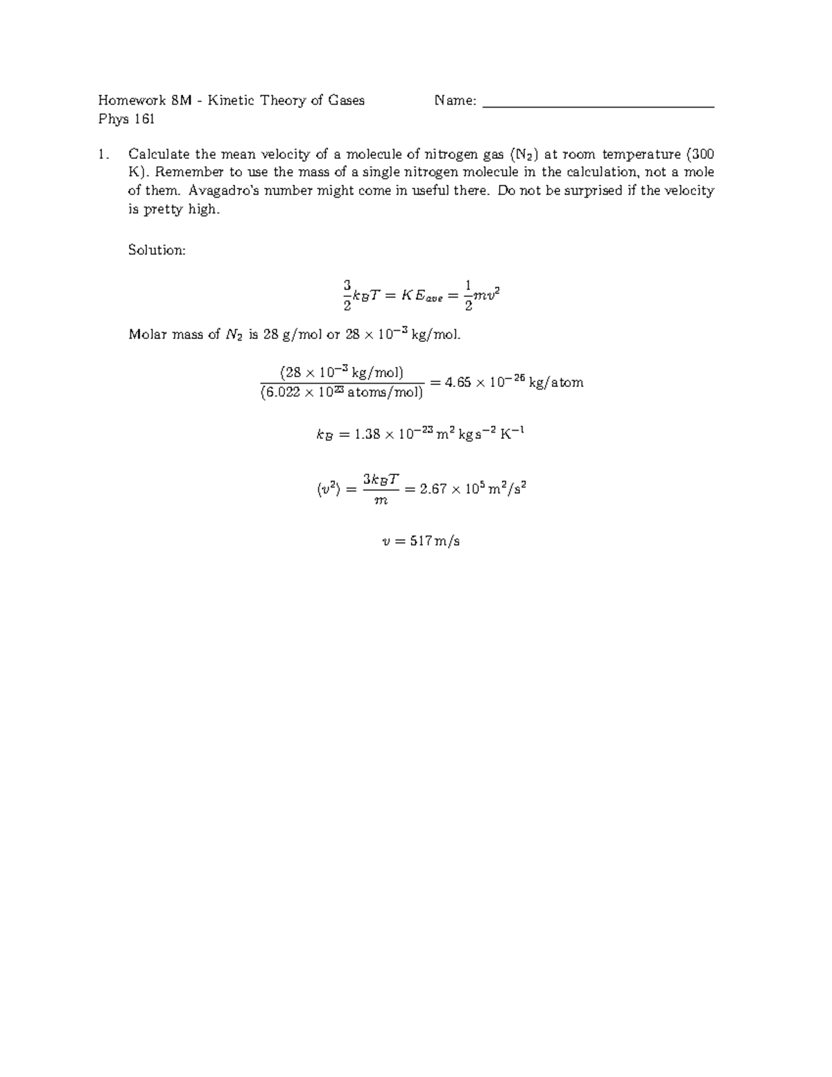 CM-8M R Solution - Classical Mechanics - Homework 8M - Kinetic Theory ...