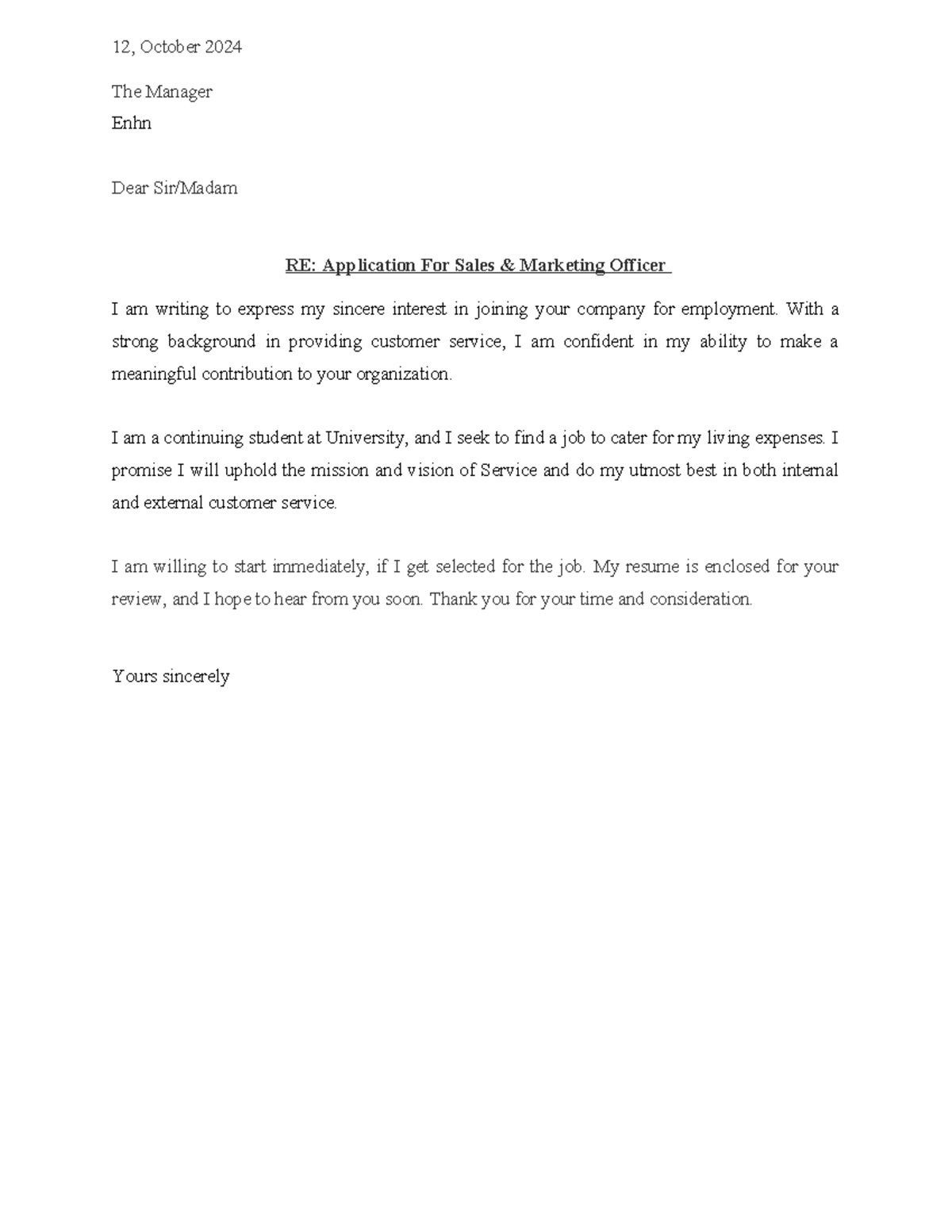 Reserch - sample - 12, October 2024 The Manager Enhn Dear Sir/Madam RE ...