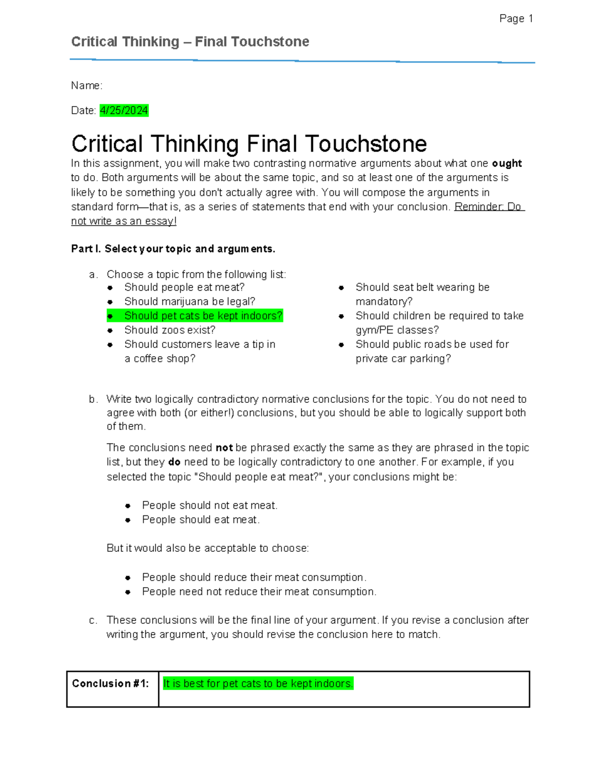 Critical Thinking Touchstone 4 - Critical Thinking – Final Touchstone ...