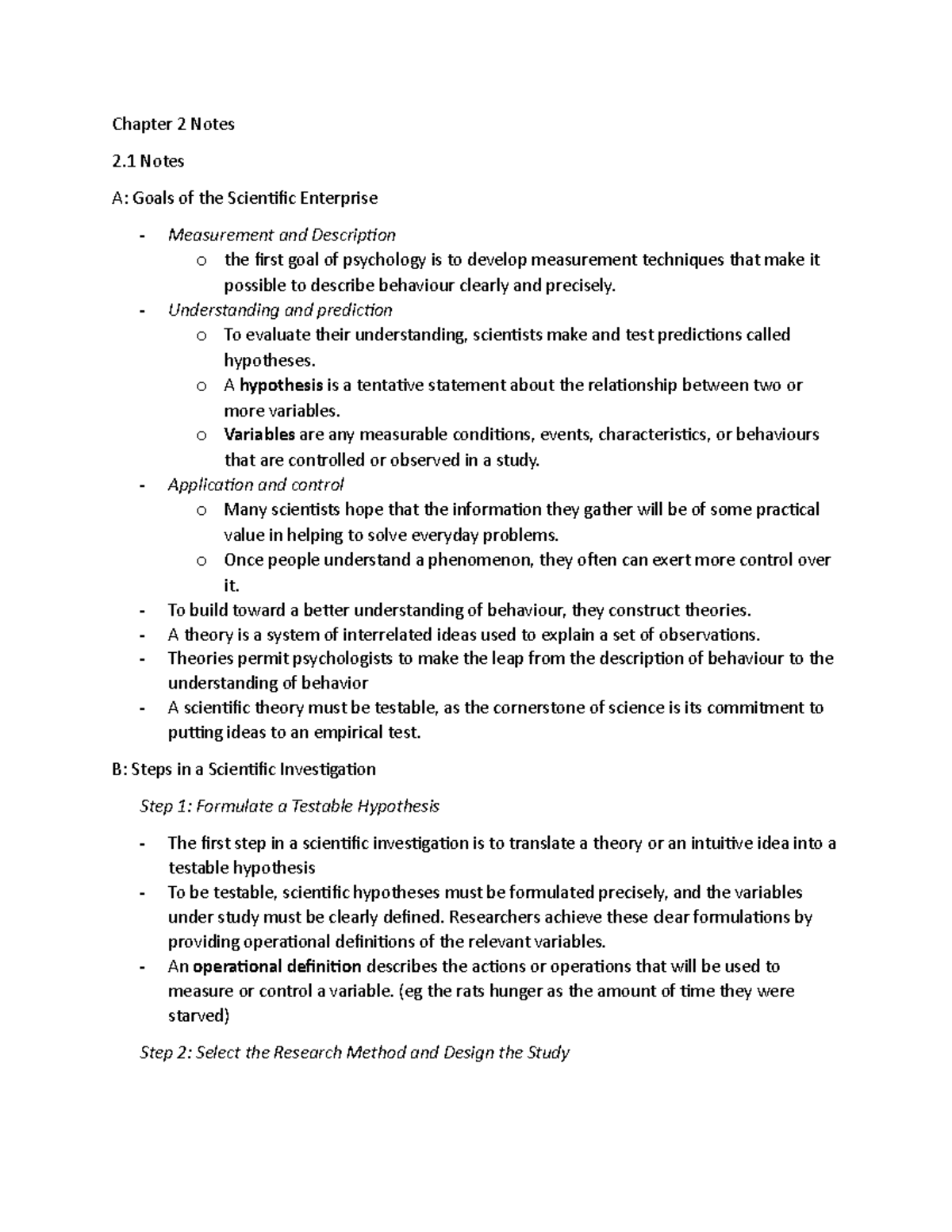 Chapter 2 Notes - Chapter 2 Notes 2 Notes A: Goals of the Scientific ...