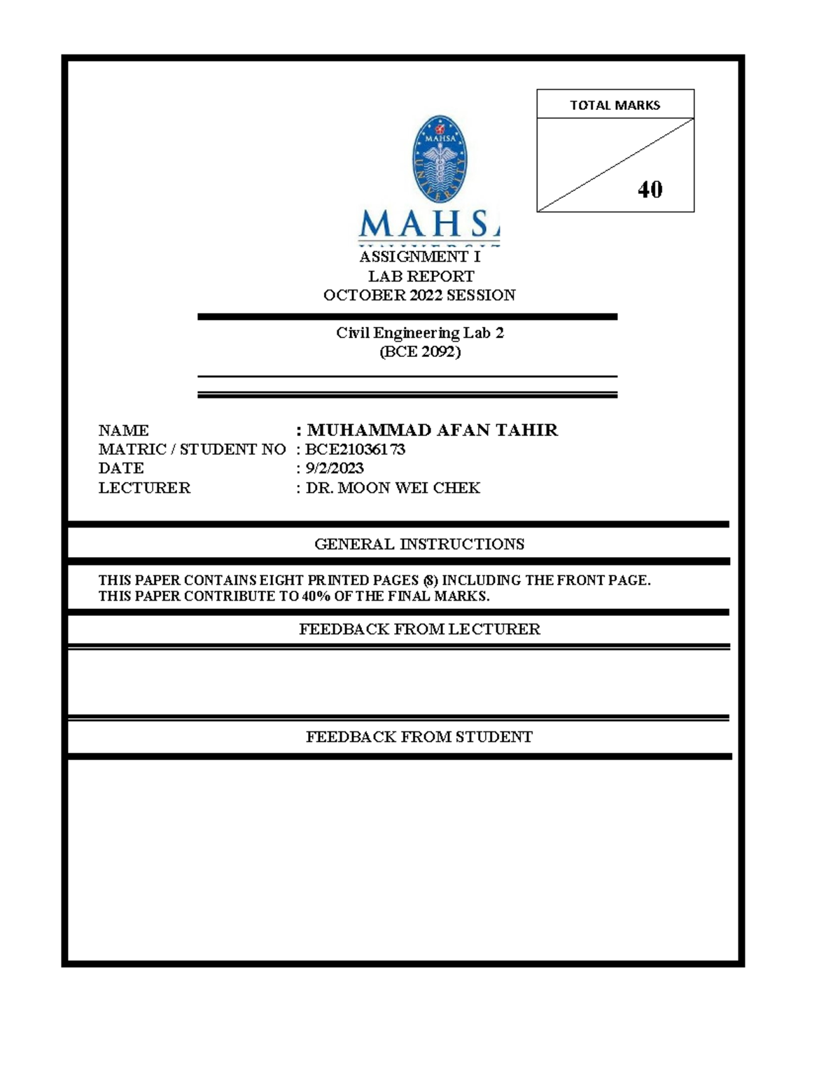 Lab 7 lab report ASSIGNMENT I LAB REPORT OCTOBER 2022 SESSION Civil