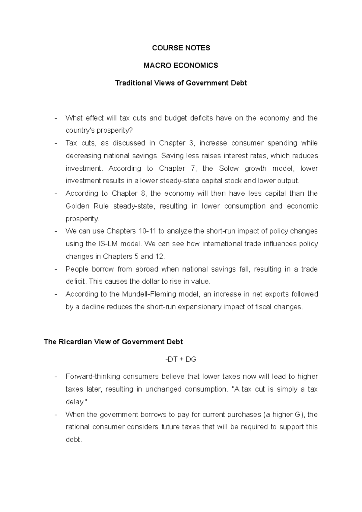 Course Notes Macroeconomics Traditional Views of Government Debt ...