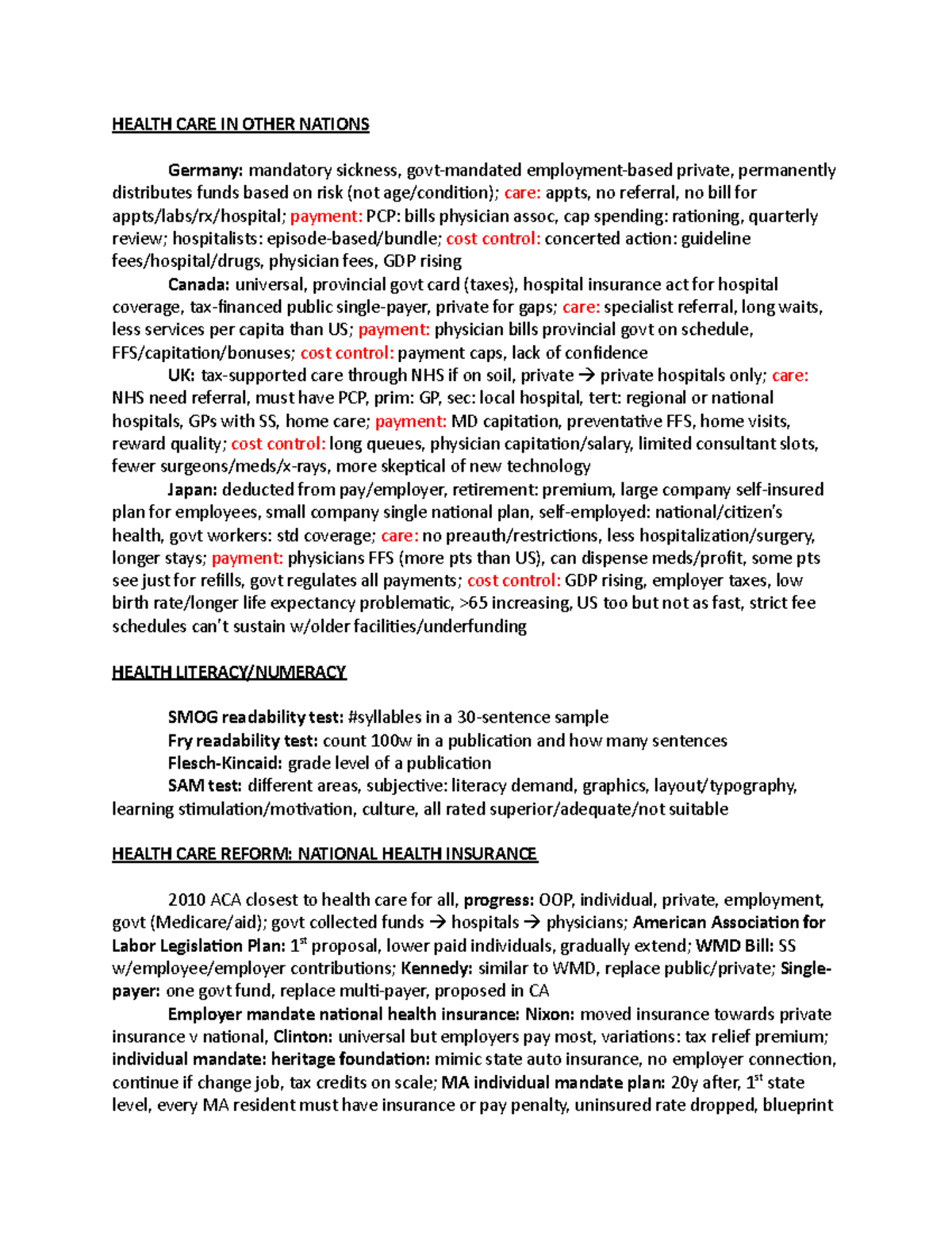 Health Care EXAM 3 Study Guide HEALTH CARE IN OTHER NATIONS Germany