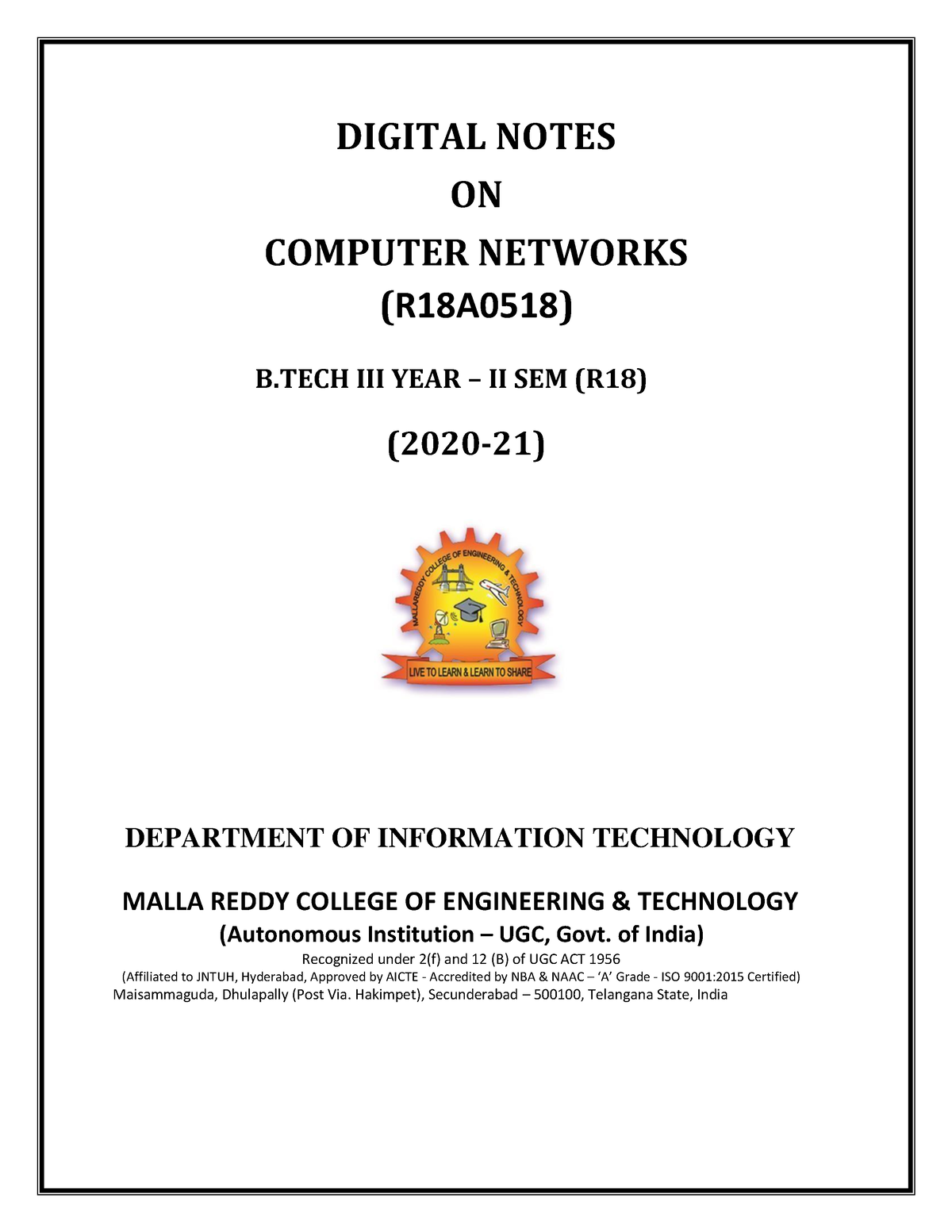 Computer Networks Part-1 - DIGITAL NOTES ON COMPUTER NETWORKS (R18A0518 ...