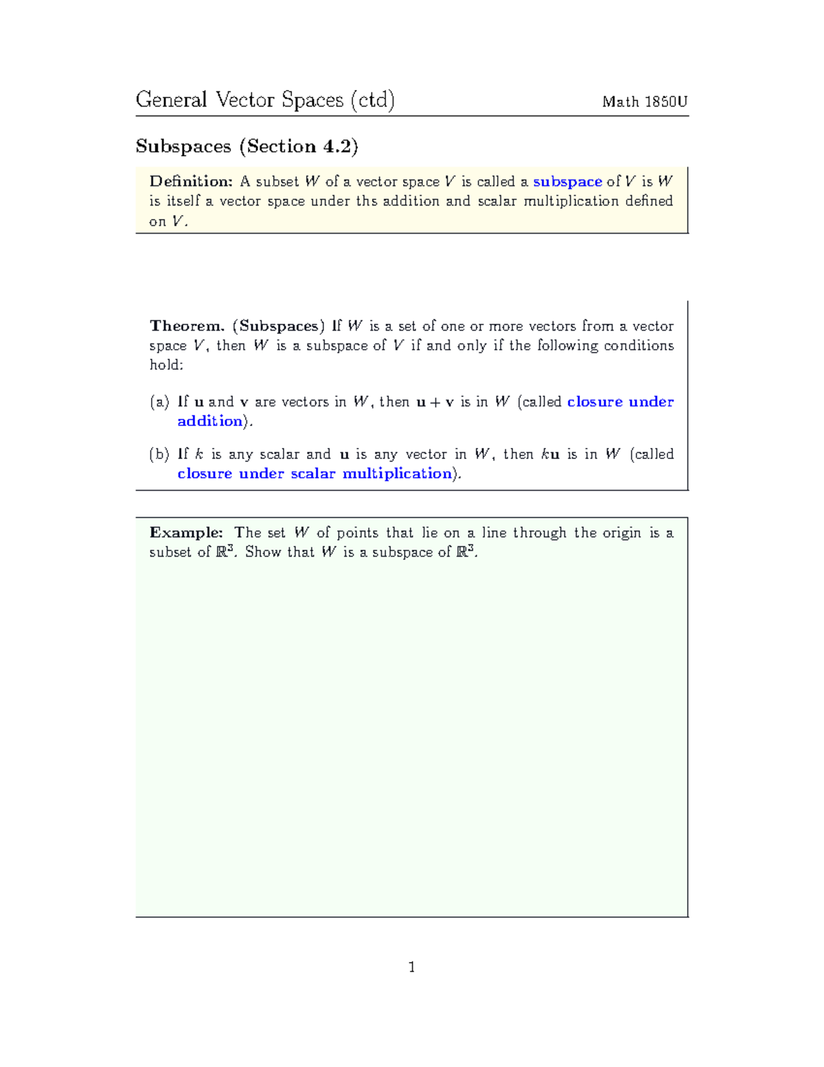MATH-1850 Lecture 11 2021 - General Vector Spaces (ctd) Math 1850U ...