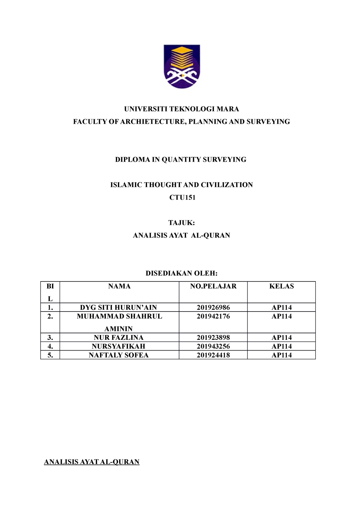 Analisis AYAT AL- Quran AP1142E - UNIVERSITI TEKNOLOGI MARA 