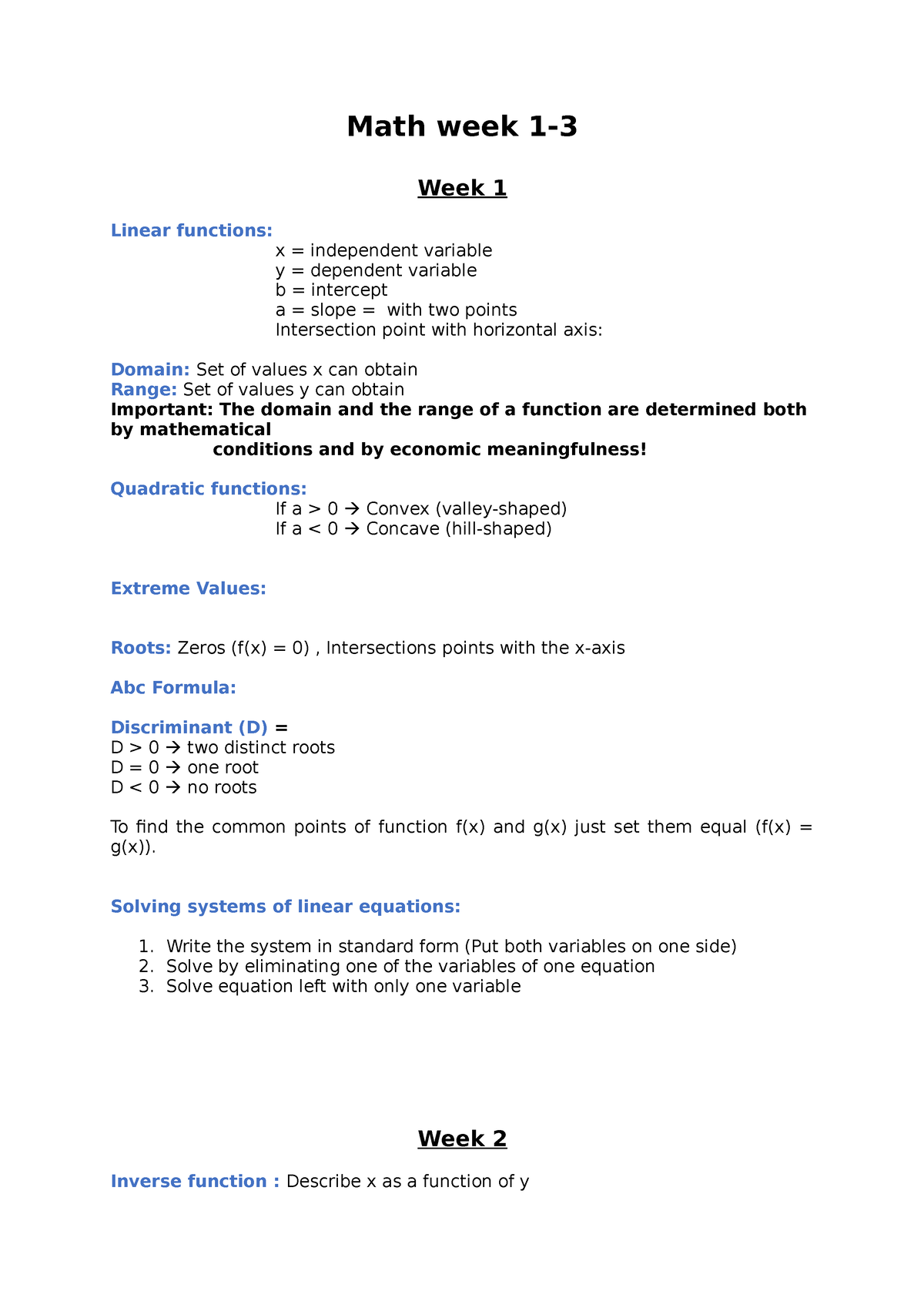 Math week 1-3 - Math week 1-3 - Math week 1- Week 1 Linear functions: x ...